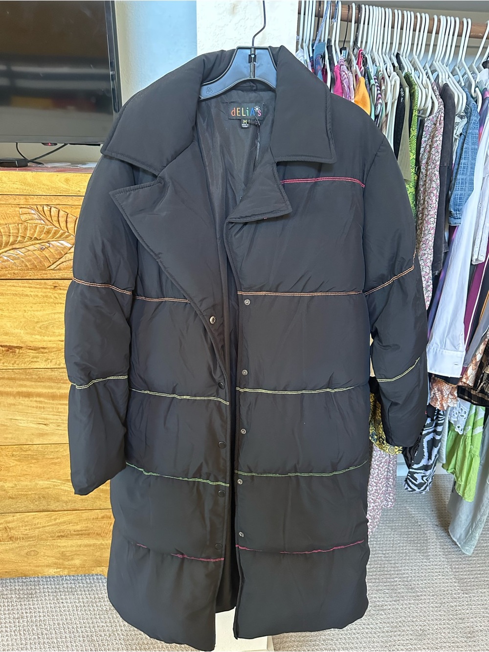 dELiA*s Black Long Puffer Coat with Multicolor Contrast Stitching